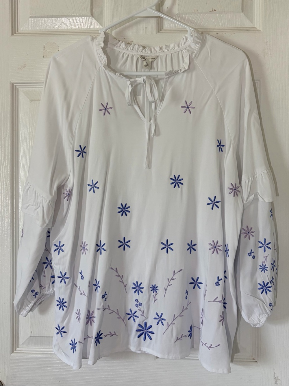 Cato White Tunic with Blue‎ & Lavender Floral Embroidery